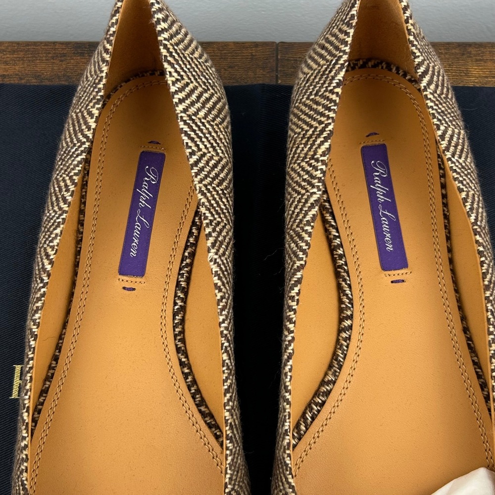 Ralph Lauren Purple Label Herringbone Pointed Toe Flats Brown Wool Shoes W39 NIB - Picture 4 of 10